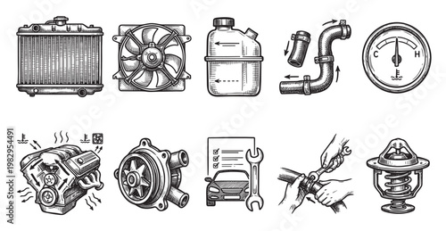 A hand-drawn illustration set featuring various components of a car's cooling system and automotive repair tools, ideal for technical manuals or service information.