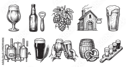 A detailed black and white engraving illustration featuring various vintage beer-related items like glasses, bottles, hops, a brewery, barrel, pretzel, and tasting flight.