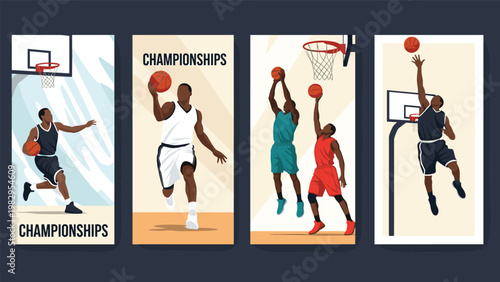 Series of vertical sports banners depicting professional basketball players in dynamic action poses during a game.