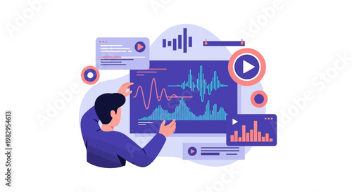 Audio engineer analyzing sound waves on a digital screen, music production concept