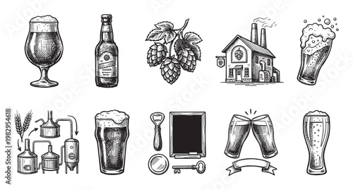 A hand-drawn black and white illustration featuring various elements related to beer, including glasses, a bottle, hops, a brewery, and distillation equipment.