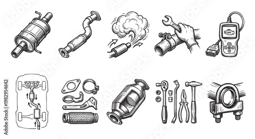 This hand-drawn illustration features various car exhaust system components like mufflers, pipes, and catalytic converters, alongside repair tools and an OBD scanner for automotive maintenance.