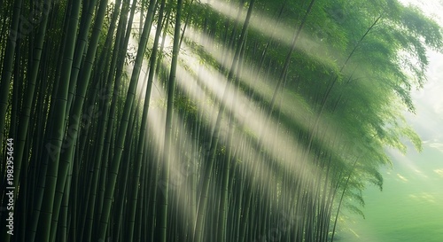 Misty morning sunbeams filter through a dense bamboo forest creating an ethereal and serene natural landscape.