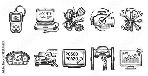 A hand-drawn collection of icons representing car repair services, including diagnostics, tools, and mechanics, with a vintage sketch style.