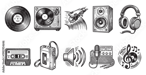 A collection of retro audio equipment and music symbols, rendered in a detailed black and white engraving style, perfect for nostalgic projects.