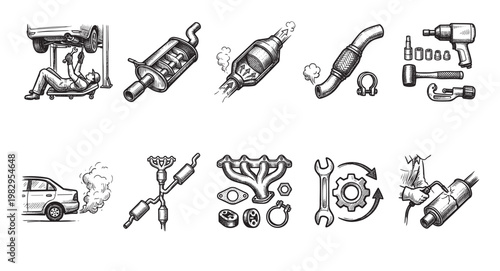 This hand-drawn illustration showcases various aspects of car exhaust system maintenance, including repair, parts, and components, with a vintage sketch style.