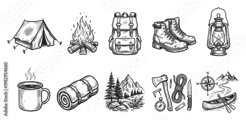 A set of hand-drawn vintage camping essentials like a tent, campfire, backpack, boots, and lantern, ideal for adventure themes.