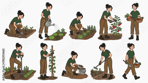 A woman tending to her garden in various stages, showcasing the process of planting, watering, and harvesting. From initial planting to nurturing and reaping the rewards