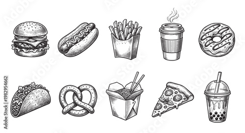A set of hand-drawn black and white icons featuring various fast food items like a burger, hot dog, fries, coffee, donut, taco, pretzel, noodles, pizza, and boba tea.