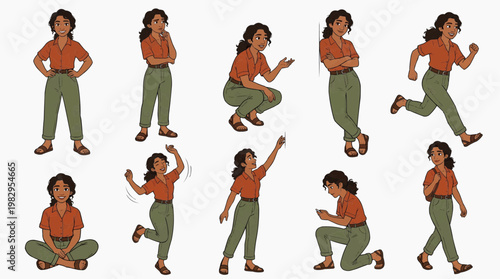 A woman in different poses illustration: Action poses of a woman displaying a range of emotions and movements in various situations