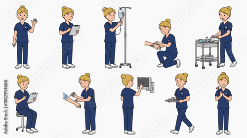 An array of images shows a nurse performing various medical procedures. The nurse is depicted in different poses and situations while at work