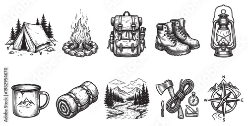 Hand-drawn black and white illustration featuring a collection of vintage camping gear including a tent, campfire, backpack, boots, lantern, mug, sleeping bag, forest landscape, tools, and compass.