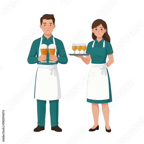 Bartender Serving Drinks Vector Illustration, Isolated Waiters with Tray for Cafe and Restaurant Use