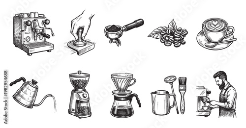 A detailed hand-drawn collection of coffee making elements including espresso machine, beans, grinder, pour over, and latte art, perfect for cafe or barista themes.