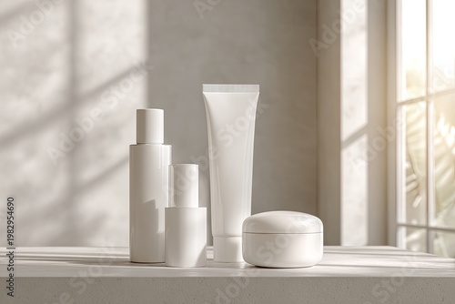 Minimalist skincare set in natural light, white bottles and jars