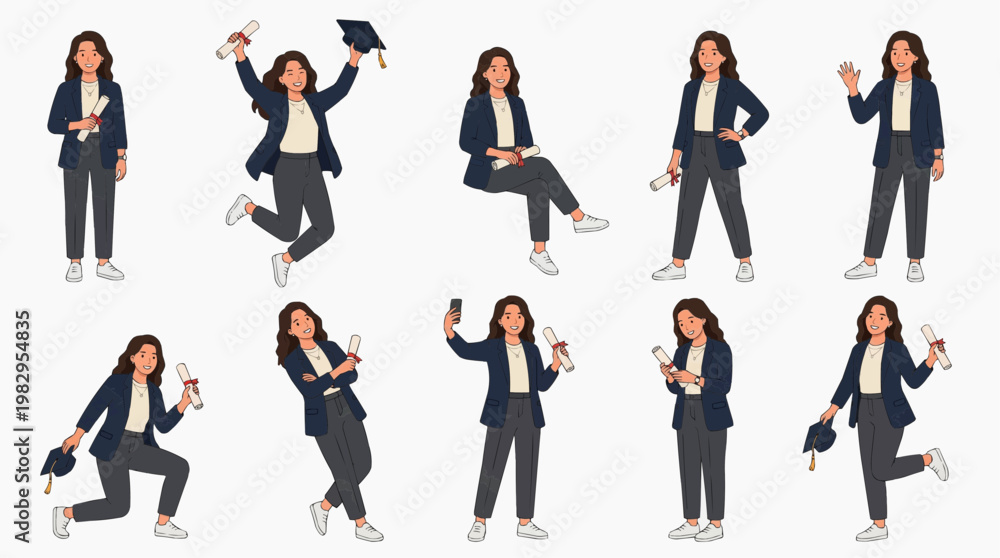 Obraz premium A set of illustrations showing a graduating student in different poses and actions with the cap and diploma