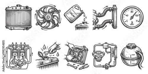 A set of hand-drawn black and white illustrations depicting various components of a car's cooling system, including radiators, fans, engines, and gauges, useful for automotive manuals.