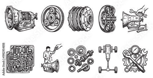 Detailed hand-drawn illustrations of various car transmission components, gears, tools, and a mechanic, ideal for automotive repair or engineering themes.