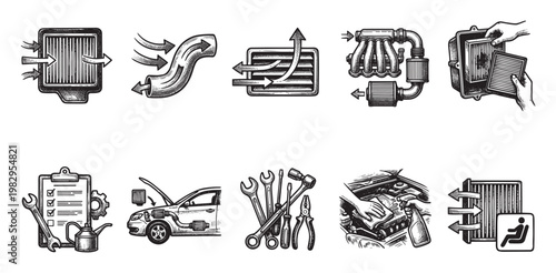 A collection of hand-drawn line art icons depicting car maintenance, engine parts, air filters, and airflow diagrams in a black and white vintage style.