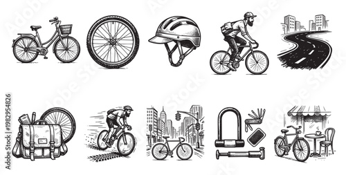 A collection of hand-drawn black and white illustrations depicting various aspects of cycling, including bikes, accessories, and city scenes, suitable for lifestyle and transportation themes.