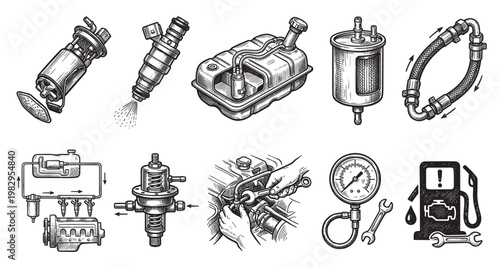 This vintage-style illustration showcases various car fuel system components and mechanical illustrations, ideal for automotive repair and technical diagrams.