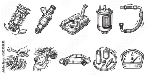 Hand drawn illustrations depict automotive fuel system components, repair actions, and related diagnostic tools, showcasing maintenance and service concepts.