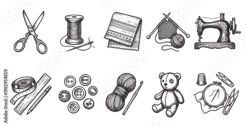 A vintage ink sketch collection of sewing and craft supplies including a sewing machine, scissors, thread, fabric, buttons, and a teddy bear, ideal for creative projects.