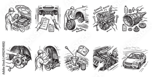 A hand-drawn collage depicts various automotive repair tasks including engine work, tire changes, and diagnostics, suitable for service industry visuals.
