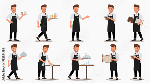 A cartoon illustration depicts a waiter in various poses, showcasing his work in the service industry