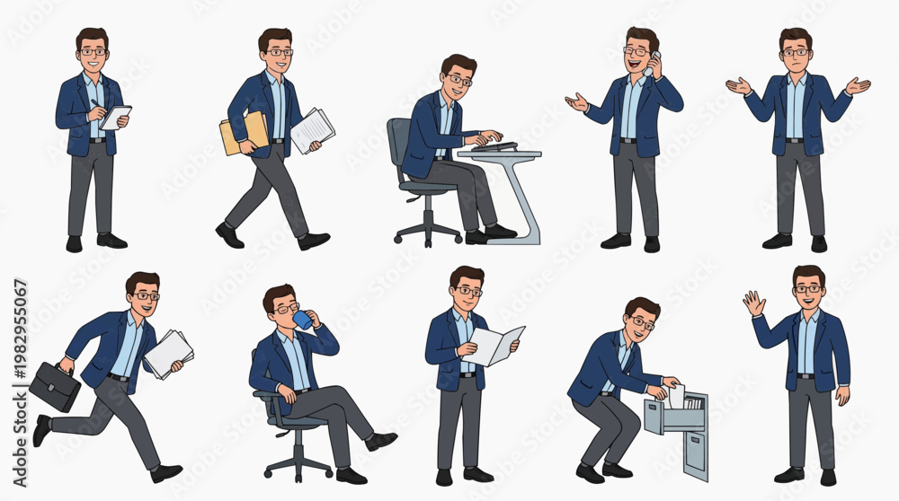 Obraz premium A collection of various poses of a professional gentleman in his work activities. Featuring a professional character posing in different scenarios.