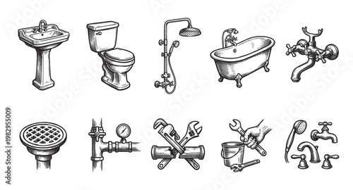 A hand-drawn sketch displays a collection of vintage bathroom fixtures, plumbing elements, and tools, ideal for design projects related to renovation or home improvement.