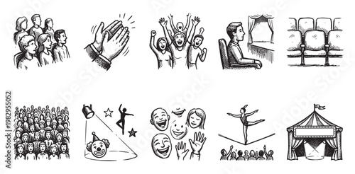 A collection of black and white hand-drawn sketch icons representing various performance and audience scenes, including applause, a cheering crowd, empty seats, and a circus tent.
