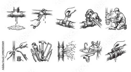 A collection of hand-drawn line art illustrations depicts various plumbing tasks including fixing leaks, welding pipes, using tools, and a plumber at work.