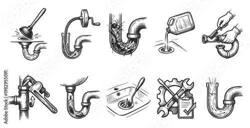 A collection of hand-drawn illustrations depicting various plumbing tools and tasks, including unclogging pipes with a plunger, drain snake, and chemicals, and pipe fitting with a wrench.