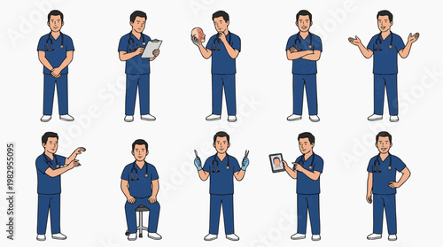 A set of 10 illustrations of a man doctor or nurse in medical scrubs in different action poses