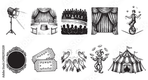 A vintage-style black and white sketch collage depicts various circus performance elements including a spotlight, stage, audience, tent, tickets, and performers.