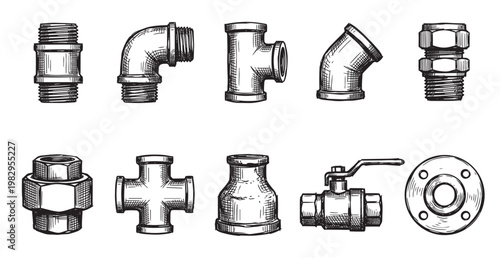 A collection of hand-drawn black and white sketches of various plumbing pipe fittings and connectors, including elbows, tees, unions, and valves, presented on a clean white background.