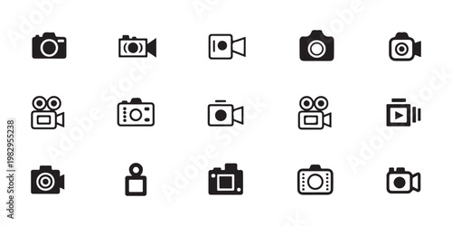 Various camera and camcorder icons, video recorder symbols, flat design icons for web and app.