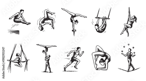 A collection of hand-drawn black and white illustrations showcasing diverse circus performers engaged in various acrobatic feats, including trapeze, aerial silks, juggling, and tumbling.