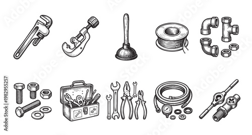 A vintage-style illustration showcases a collection of plumbing tools including wrenches, pipe cutters, plungers, and fittings in black and white.