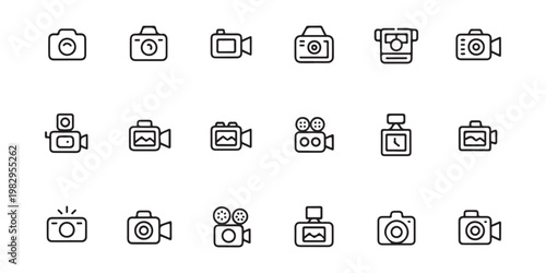 Set of various camera and camcorder icons in outline style for digital and vintage photography.