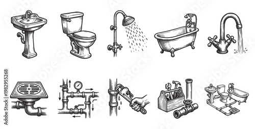 A hand-drawn collection of bathroom fixtures like sinks, toilets, and bathtubs, alongside plumbing tools and pipe systems, ideal for renovation or service concepts.