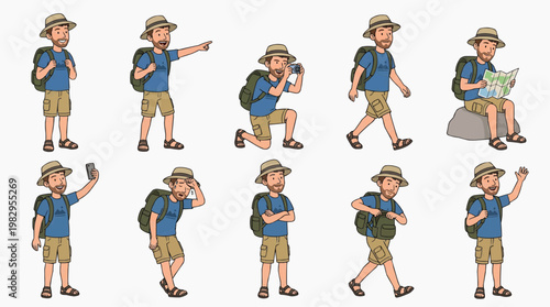 A cartoon man exploring various outdoor activities with a backpack. The man is wearing a hat, a blue t-shirt, and shorts