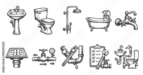 A collection of hand-drawn vintage illustrations depicting various bathroom plumbing fixtures, tools, and elements, ideal for design projects related to home improvement and construction.