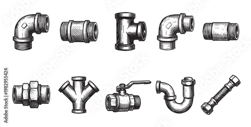 A collection of various plumbing pipe fittings rendered in a vintage sketch style on a white background, ideal for construction or DIY projects.