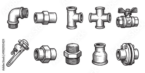 A collection of hand-drawn black and white illustrations of various plumbing pipe fittings, including elbows, tees, crosses, valves, and wrenches, set against a clean white background.