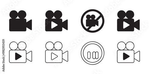 Black camcorder icons with play, stop, pause and mute functions for video recording.