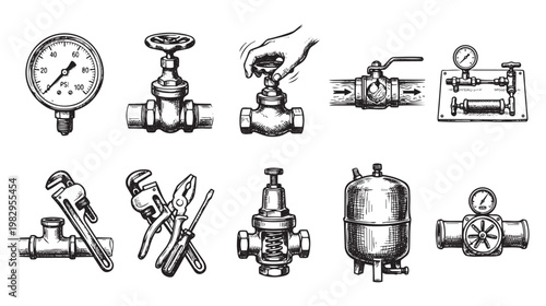 A black and white sketch compilation showing various plumbing fixtures, tools, and gauges, depicting pipes, valves, wrenches, and a pressure meter.