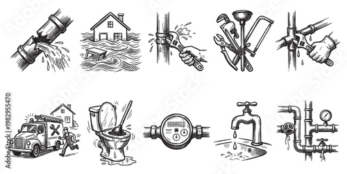 A collection of hand-drawn illustrations depicting various plumbing issues and a plumber's services, from leaks and floods to toolkits and water meters.