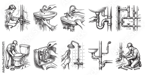 This detailed illustration shows various plumbing tasks including sink installation, toilet repair, shower fixture work, and pipe system maintenance, rendered in a classic, illustrative style.